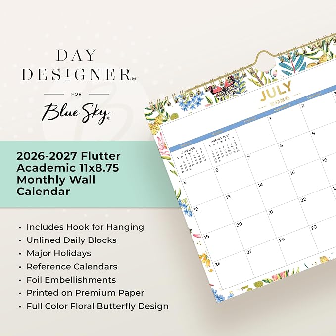 Blue Sky 2026-2027 Monthly Academic Wall Calendar, 11"x8.75", Flutter | July 2026 - June 2027, Durable Twin Wire Binding, For Office And Classroom, Academic Year, Day Designer