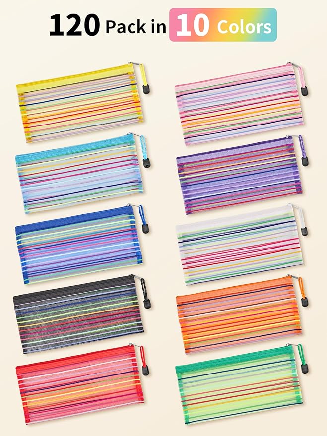 JARLINK Zipper Mesh Pouch, 120 Pcs multi-use Pencil Pouches in 10 Colors | Multipurpose Pencil Pouch Bulk for School, Office Supplies, Cosmetics, Makeup&Travel Accessories, Mixed Color