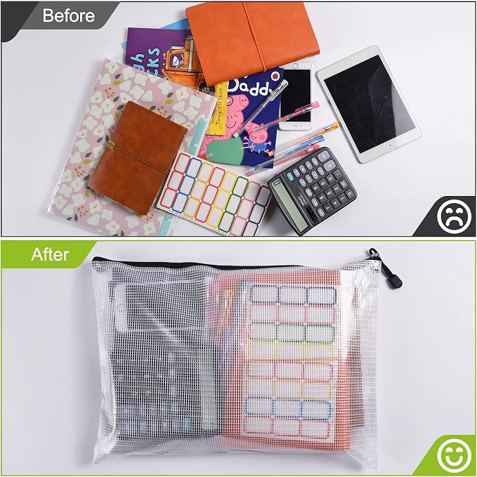 6PCS Mesh Zipper Pouch Bags: A4 Clear Zipper Pouches for Classroom, Black | 13.5 x 9.5 Inch Plastic Mesh Bag Letter Size Document Pouch, Waterproof Organizing Pouch for School and Office Supplies
