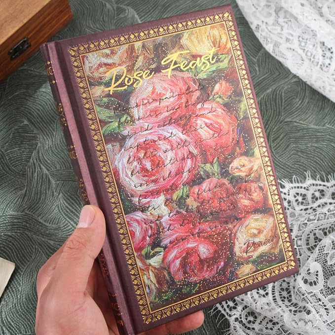 Hardcover Lined Journal - 224 Pages 100GSM Thick Paper A5 Notebook Rose Feast Art Diary for Mother Women Girls A5 College Ruled Notebook with Gilded Edges & Gold Foil, 5.6 x 8.2 in