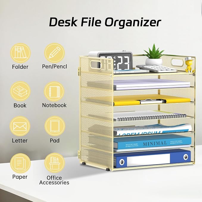 7 Tier Paper Organizer for Desk with Mesh Letter Trays and Handle Gold | Desk File Organizer with Handle for Sorting Papers, Files, Folders, Mail, Bills and Office Supplies