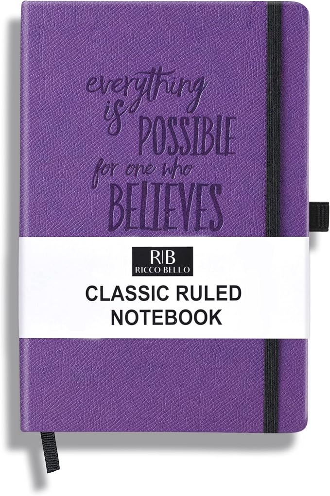 RICCO BELLO Lined Journal Notebook, Purple Inspiration, 5.7 x 8.4-Inch | Faux Leather Hardcover, College Ruled, 96 Sheets / 192 Pages, Pen Holder, For Work & Notes