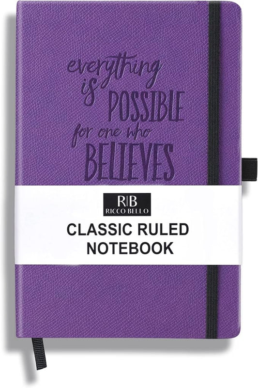 RICCO BELLO Lined Journal Notebook, Purple Inspiration, 5.7 x 8.4-Inch | Faux Leather Hardcover, College Ruled, 96 Sheets / 192 Pages, Pen Holder, For Work & Notes