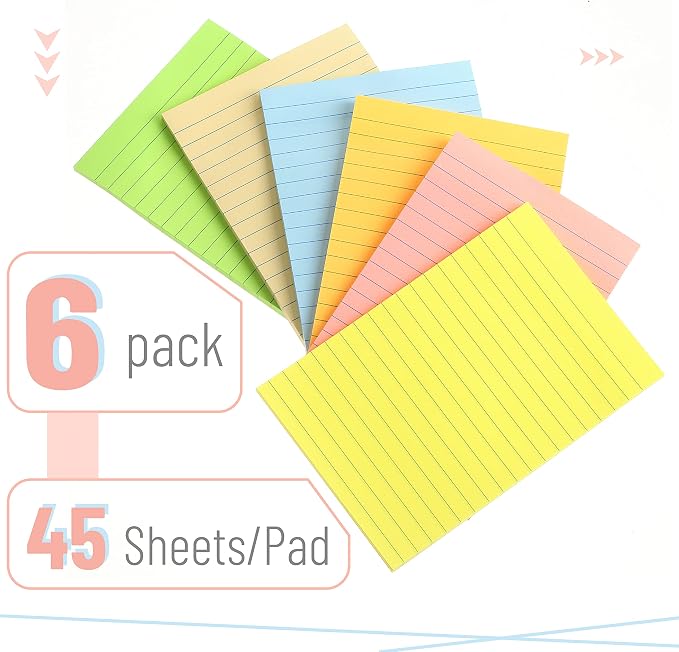 Mr. Pen- Lined Sticky Notes, 4" x 6", 6 Pads, 45 Sheets/Pad | Sticky Notes with Lines, Ruled Post Stickies, Memo Pads, Self-Stick Note Pad for Office, School, Home, Study & Organization