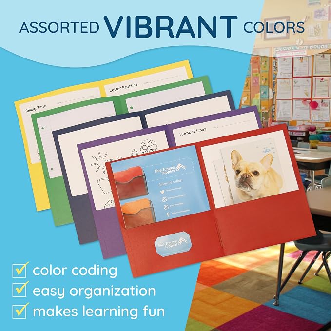 Blue Summit Supplies 100 Paper 2 Pocket Folders, Letter Size, Assorted | Durable paper, 2 pockets, letter size, for school, office, and presentation use