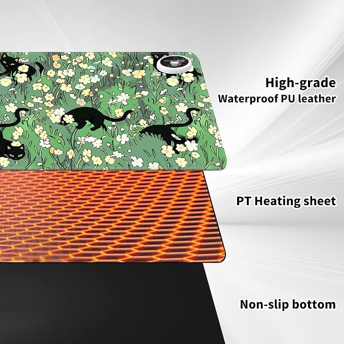 Heated Desk Pad Mouse Pad,Heated Desk Mat,with 3 Heating Levels & 3 Hours Auto Shut-Off,Leather 23.6"*14.2" Gaming Mouse Laptop Mat,Foot Warmer,Cat Floral Green