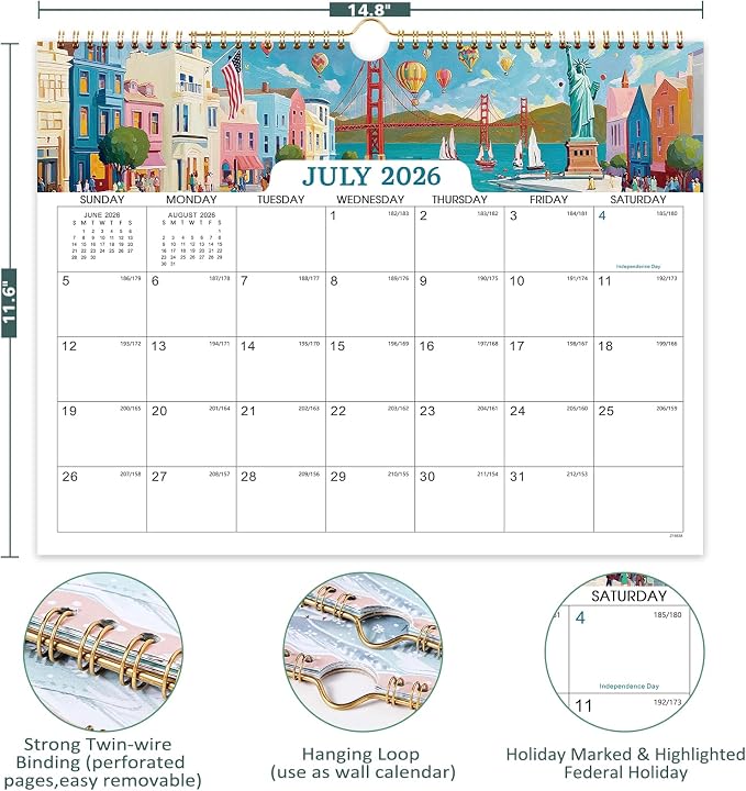 Calendar 2026-2028 - Wall Calendar 2026-2027, Jul. 2026 - Jun. 2028, 2 Years, 14.8'' x 11.6'', with Julian Dates, Hanging Hole, Thick Paper, Landscape Calendars