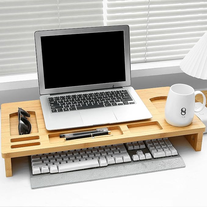 Vaiyer Bamboo Laptop Monitor Stand Riser, 23 Inch Wooden Desktop Organizer | Storage Shelf for Computer Laptop Printer, TV Cellphone Stand Desktop Monitor