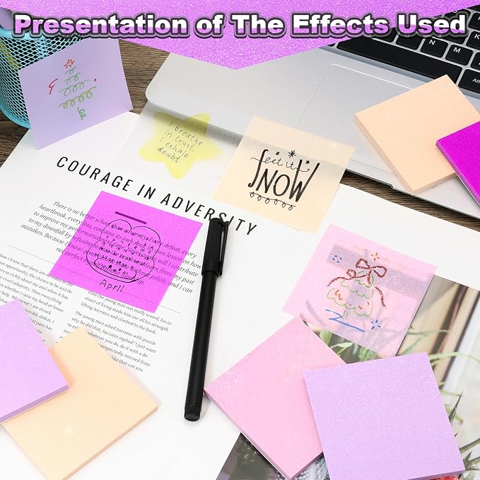 Transparent Sticky Notes 600 Sheets, Frosted Glitter Stardust Purple 3x3 Inch, High Glass-Like Clear Seee Through Post Self-Adhesive Notes for Women Office School Teacher Planer Bible Supplies 12 Pads