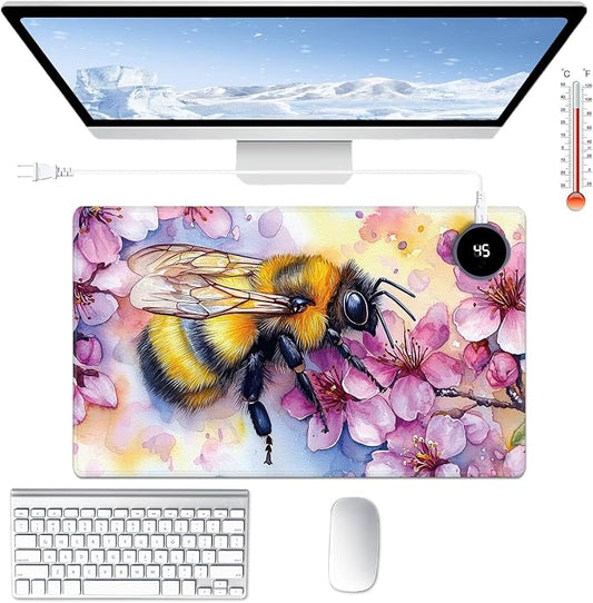 Heated Desk Pad Large Mouse Pad 23.6 x 14.1 inch with 3 Levels Heating & Auto Shut-Off Warm Mouse pad PU Leather Computer Mousepad for Home Office Work - Cherry Blossom and Bee