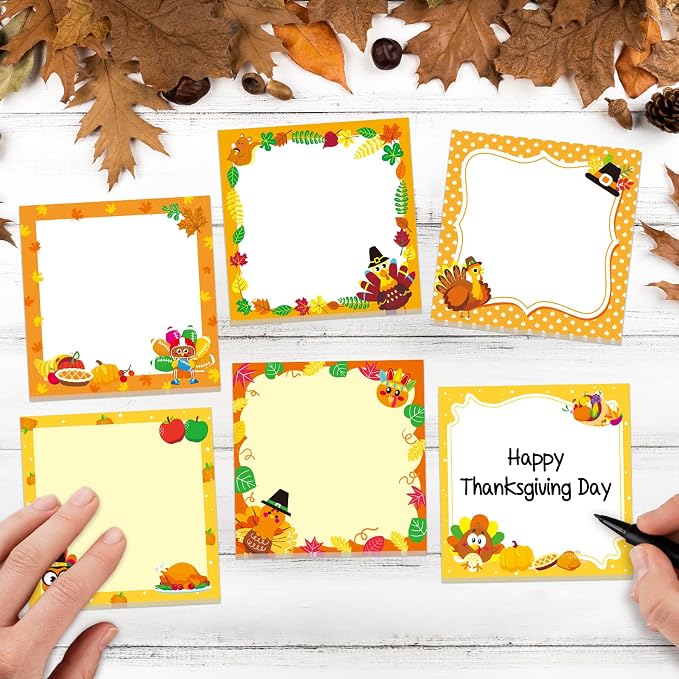 30 Pack Fall Turkey Sticky Notes for Kids - 600 Sheets Thanksgiving Notepads for Thank You Gifts, Party Favor, Notes, Message Reminder, School Supplies