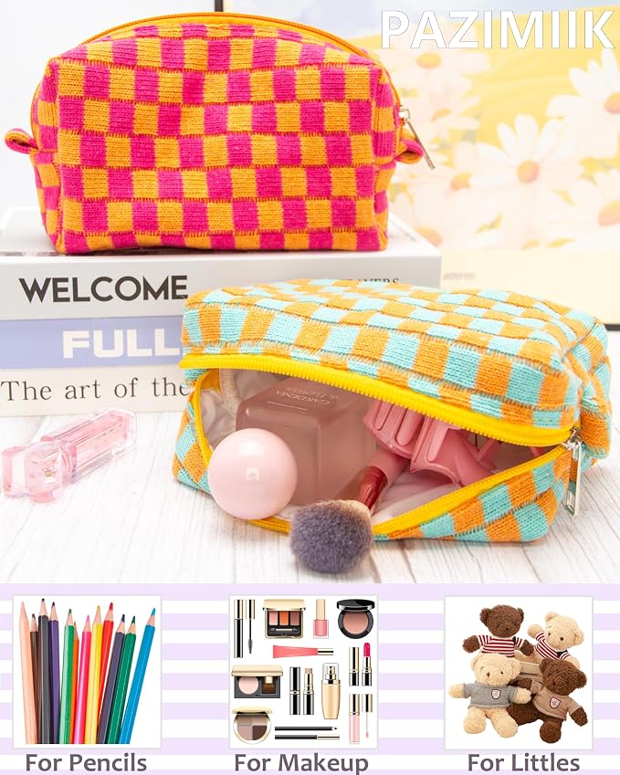 Checkered Makeup Bag for Purse, Small Cosmetic Pouch,Orange Green,2 Pack | Cute Zipper Makeup Organizer for Women, Travel Essentials, Toiletries, Makeup Brushes, Beauty Accessories&Bridesmaid Gifts