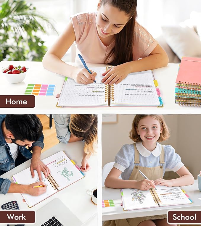 5 Subject Dotted Notebook with Removable Dividers Tabs, 300 Pages Hardcover Leather Dot Grid Spiral Journal, 8"x10" B5 Large Bullet Notebooks for Women Men Work School College Maths Sketching, Pink