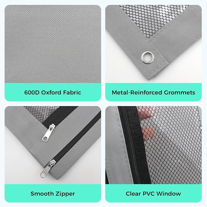 Pencil Pouch for 3 Ring Binder, Pencil Case with Zipper, 600D Fabric Pencil Pouch Bag Holder Accessories, Clear Window Pencil Case Aesthetic Back to School Organizer Pockets for Boy Girl (Grey)