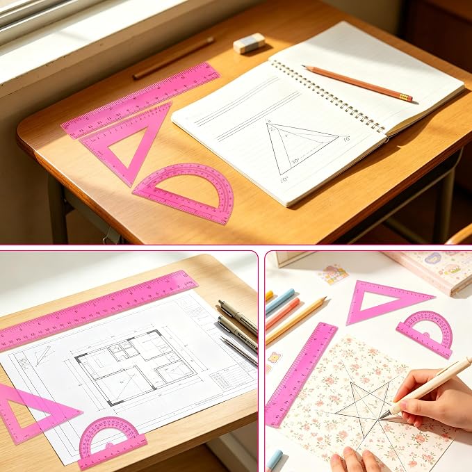 Plastic Clear Ruler Math Set - 6'' 12'' Transparent Straight Ruler, 4'' 6'' Protractor, 30/60 & 45/90 Triangle Ruler,Geometry Math Measuring Tool for School Home Office Drawing Teachers Kids Hot Pink