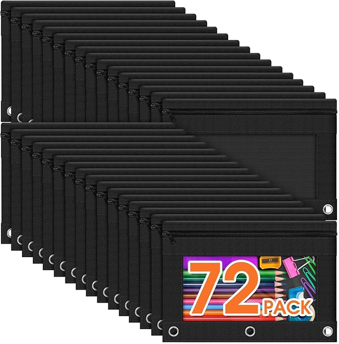 72 Pack Pencil Pouch for 3 Ring Binder, Clear Window 3-Holes Zipper Pencil Bags Bluk, Sturdy and Durable Cloth Pencil Case Pouch Multi-Purpose Cartuchera for Office College Classroom School Supplies