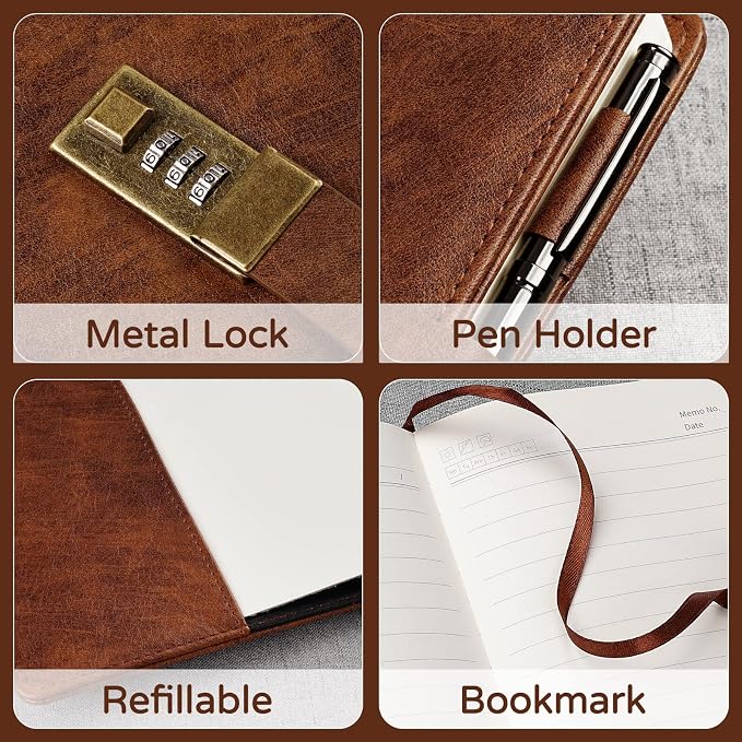 WEMATE Diary with Lock, A5 PU Leather Journal with Lock 240 Pages Brown | Vintage Lock Journal Password Notebook with Pen & Gift Box, Lock Diary Planner Organizer for Men and Women, 8.6x5.8in