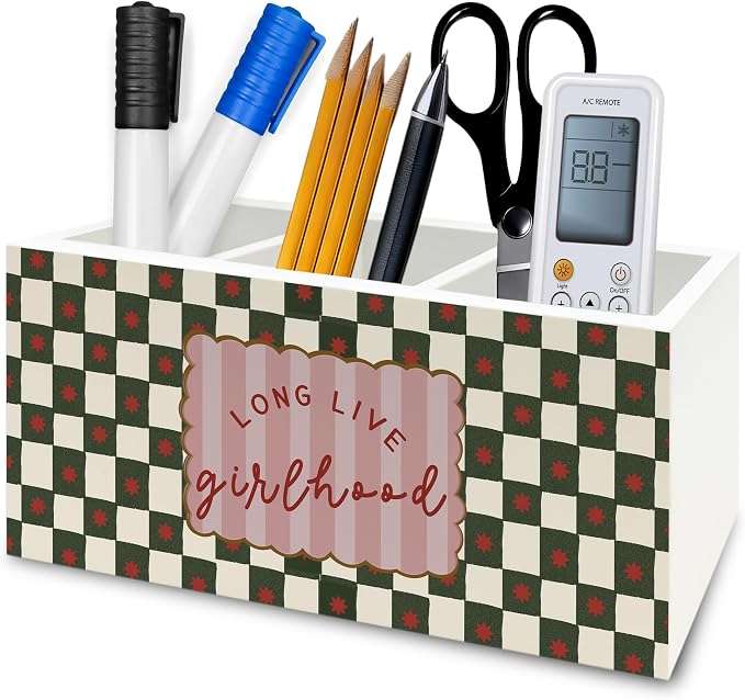 Girls Room Decor Pen Pencil Holder Organizer for Desk, Long Live Girlhood Green Checkered Wooden Box Signs Decorations for Kids Girls Room Bedroom Desk Tabletop, Girl Nursery Decor