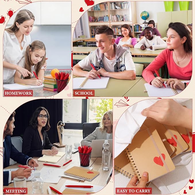 Fulmoon 24 Set Red Heart A6 Spiral Notebook with Ballpoint Pens 50 Sheets, 4"x 6" Small College Ruled Notepads Heart Journaling Notebooks Bulk Team Gifts for Women Back to School Supplies