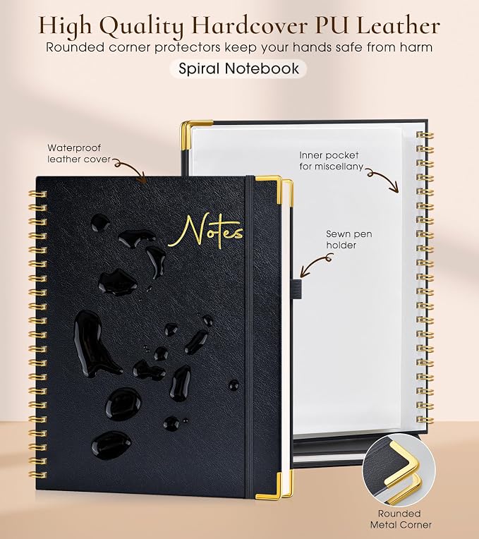 Hardcover Spiral Notebook Journal 8.5” x 11”, A4 Large Leather Notebooks for Women Men, Lined College Ruled Notebook, 100 GSM Paper, Spiral Bound Journals for Work School Note Taking Business, Black