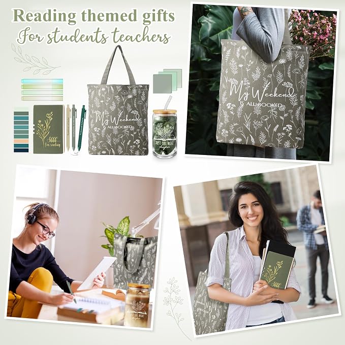 Havawish 14 Pcs Book Lovers Gift for Women 16 oz Glass Cup Tote Bag A6 Journal Notebook Pens Highlighters Sticky Notes Back to School Teacher Librarian Bookish Book Club(Light Green,White Flowers)