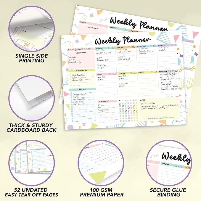 Decorably 52 Sheets Colorful Pastel Weekly to Do List Notepad - 11x8.5" Spring-Bound Planner Pad, Easy Tear-Off for Priorities, Habit Tracker, Focus & Notes - Home, School, Office