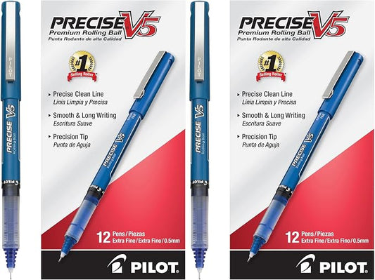 PILOT Precise V5 Rollerball Pens,Extra Fine Point 0.5 mm Blue Pens,Blue - Ideal for School,Journaling & Office Writing,(Pack of 24)