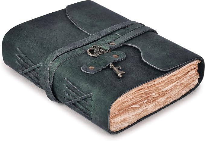 LEATHER VILLAGE Vintage Leather Journal – 200 Handmade Vintage Deckle Edge Paper – Leather bound Journal For Women Men – Vintage Key Closure - Book of Shadows - Turquoise - 6X4 inches (A6)