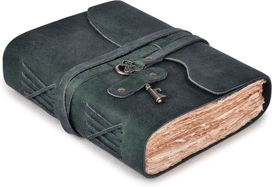 LEATHER VILLAGE Vintage Leather Journal – 200 Handmade Vintage Deckle Edge Paper – Leather bound Journal For Women Men – Vintage Key Closure - Book of Shadows - Turquoise - 6X4 inches (A6)