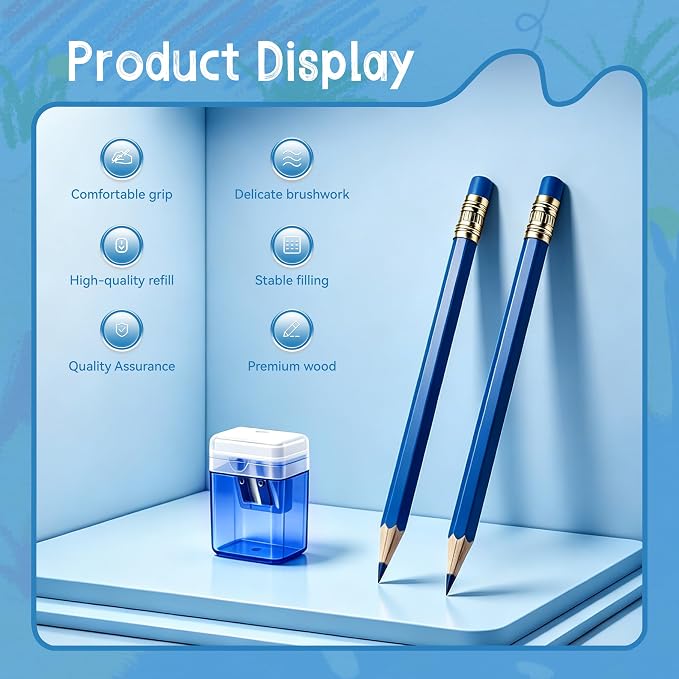 12 Pcs Blue Pencils with Eraser for Kids HB Erasable Pencils Pre-Sharpened Professional Wooden Pencils Set with Smooth Lead Cores, Ideal for School Drawing, Sketching, Coloring and Creative Projects