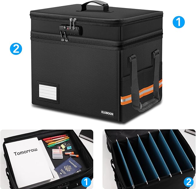 Fireproof Document Box with 13 Pocket Accordian File Folder | Water-Resistant File Organizer Box with Lock, Collapsible File Storage Cabinet for Hanging Letter/Legal Folder, Black