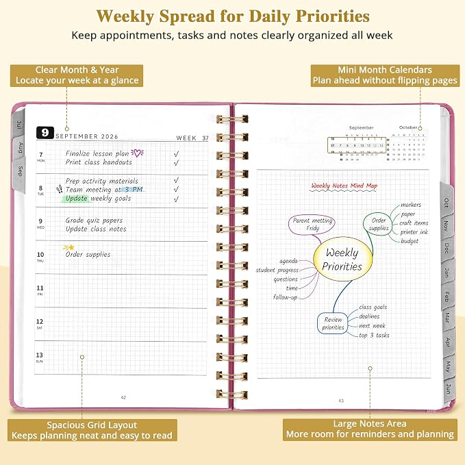JoyCat Academic Planner 2026-2027, A5 Weekly & Monthly, Pink | July 2026-June 2027 A5 planner combines weekly and monthly layouts, tabs, grid notes and sticker sheets.