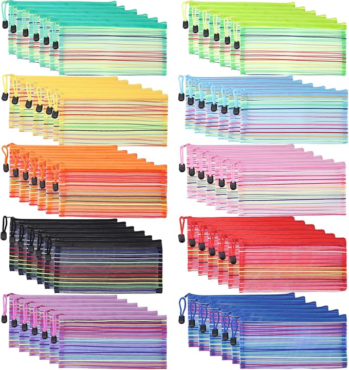 60 Pack 10 Colors Pencil Pouch Bulk Mesh Zipper Pouch Bags, Small Storage Bag, Multipurpose Pencil Case for School and Office Supplies, Travel Accessories