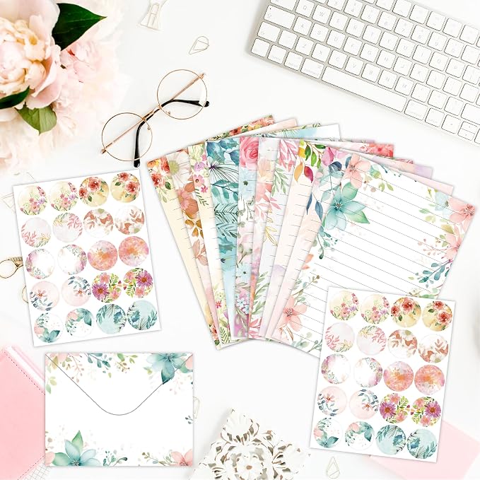 Stationery Paper Envelopes Set 160 Pcs - 50 Lined Writing Paper, 50 Envelopes, 60 Dot Stickers, Vintage/Floral/Leaf/Watercolor Multi-Style Options (STATIONERY-160PCS-FLORAL)