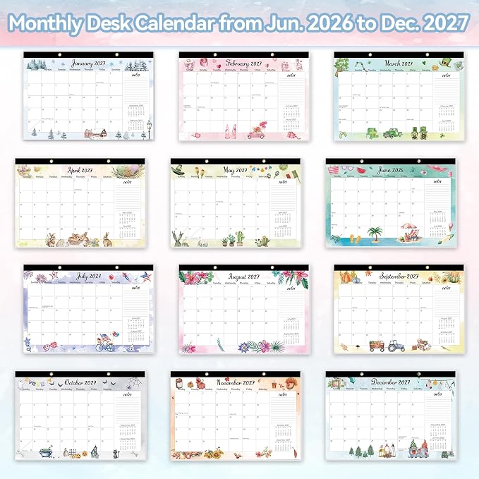 GuassLee Monthly Desk Calendar 2026-2027 - 19 Months 17" x 11.5" Calendar from Jun. 2026 to Dec. 2027, Monthly Planner with Watercolor Design Corner Protectors for Office School Home Organizing