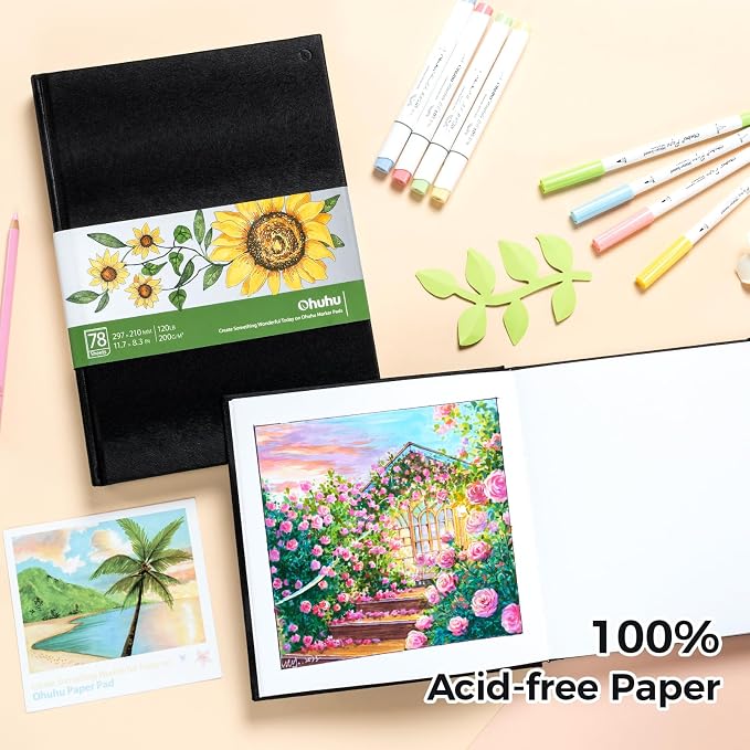 Ohuhu Sketchbook Marker Paper Pad: 2 Pack 8.3"x8.3"&8.3"x11.7" Art Sketch Book Drawing Papers Each Size Holds 78 Sheets/156 Pages 120 LB/200 GSM Hardcover Sketching Books Christmas Gift
