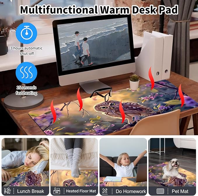 Warm Desk Pad,Heated Desk Pad,Office Mat,3 Heating Levels & 3 Hours Auto Shut-Off,31.5"*13" Gaming Mouse Laptop Keyboard Leather Desk Mat,Cute Owl Purple