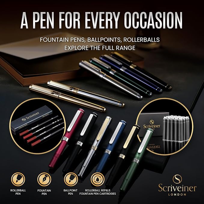 Scriveiner Personalized Midnight Blue Fountain Pen - Stunning Blue Lacquer Luxury Pen, Chrome Finish, German Schmidt Nib (Medium), Best Engraved Pen Gift Set for Men & Women, Name Engraving