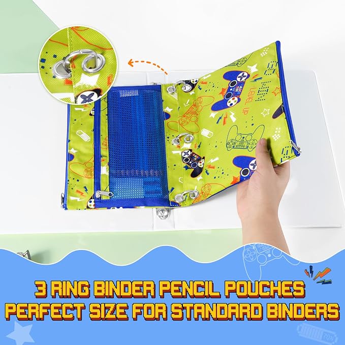 WAWSAM Game Pencil Pouch for 3 Ring Binder, Zipper Pencil Pouch for Boys | 2 Pocket Clear Window Pencil Case, 3 Ring Pencil Pouch for School Supplies, Pencil Bags for Office College