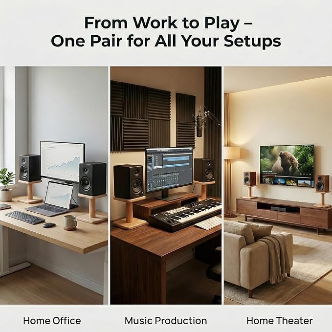 Desktop Speaker Stands Made of Pure Solid Wood, Natural Style, 360° Rotatable Top Plate, Suitable for Medium/Large Tabletop Speakers and Studio Monitors (Natural Oak_DSS7(7 inch))