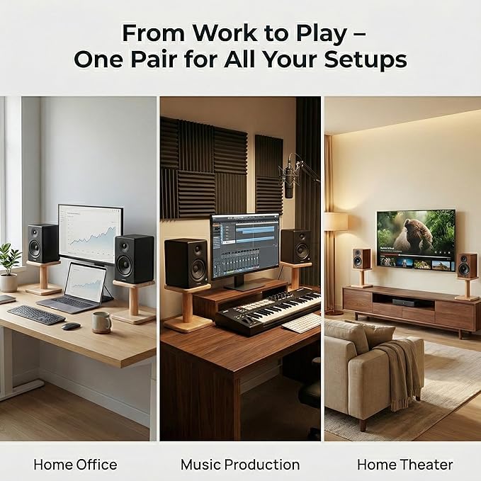 Desktop Speaker Stands Made of Pure Solid Wood, Natural Style, 360° Rotatable Top Plate, Suitable for Medium/Large Tabletop Speakers and Studio Monitors (Natural Oak_DSS9(9 inch))