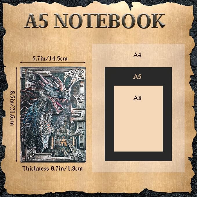 Pajean Dragon Journal Embossed Leather Journal Writing Antique Dragon Journal Notebook with Pen Lined Paper Hardcover Gift Journal Notebook Executive Notebook Travel Diary for Women Men, A5(Colorful)