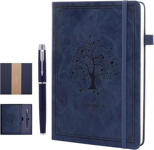 Lined Notebook with Gift Box for Women Men 320 Pages A5 Hardcover Leather with Pen Holder College Ruled Journals for Work Note Taking Travel School Navy Blue