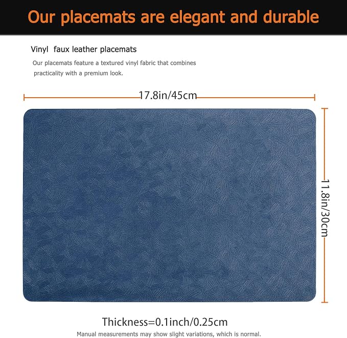 Blue Plastic Placemats Set of 6, Faux Leather Waterproof Table Mats | Blue Vinyl placemats,Wipeable and heat resistant table mats.Easy to clean,great for indoor and outdoor