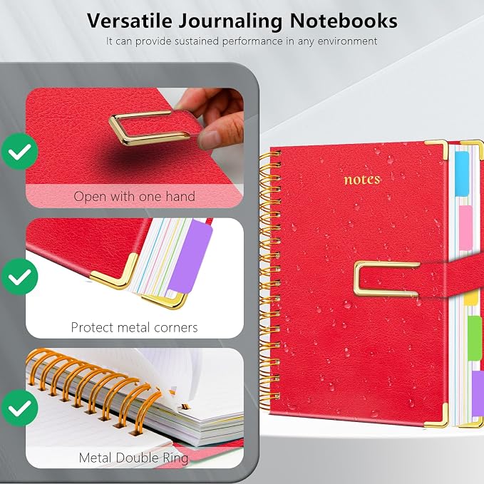 Hardcover Spiral Notebook College Ruled, 8"x10" Leather Journal Notebook with Magnetic Closure, 300 Pages 5 Subject Notebook with Dividers Tabs Journal for Women Men, Work, School(Red)