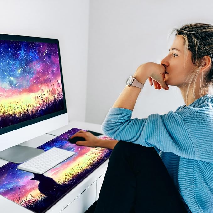 Warm Desk Pad,Heated Desk Pad,Office Mat,3 Heating Levels & 3 Hours Auto Shut-Off,31.5"*13" Gaming Mouse Laptop Keyboard Leather Desk Mat,Colorful Galaxy Cat