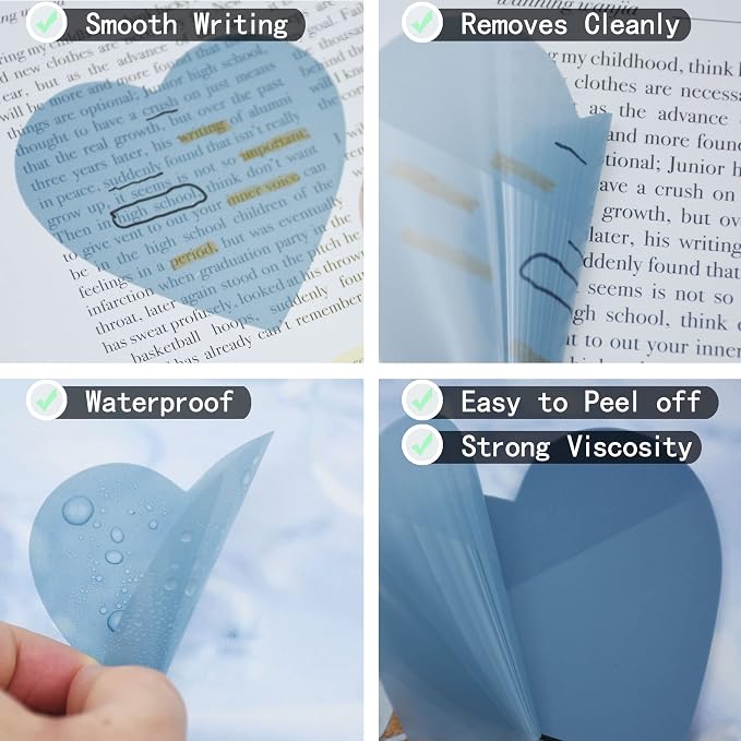 YOUDEFUL 800Pcs Transparent Sticky Notes, 2.76"x2.76" Clear Heart Sticky Notes, Waterproof Translucent Sticky Note Pads for Books Annotation, Clear Post it Notes for Bible Study, School, Office