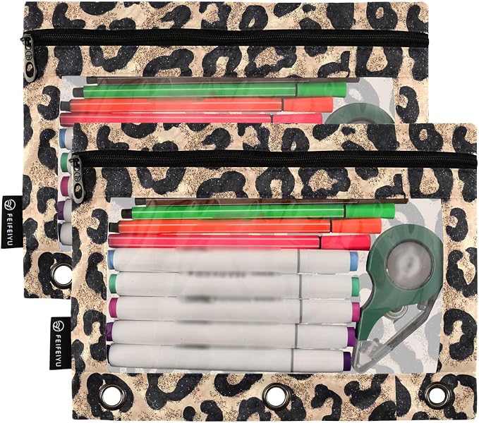 Cheetah Brown Golden Binder Pouches 3 Ring for Boys Girls School Office College Supplies Leopard Black Pencil Pouches Case Bag with Clear Window and Zipper 2 Pack