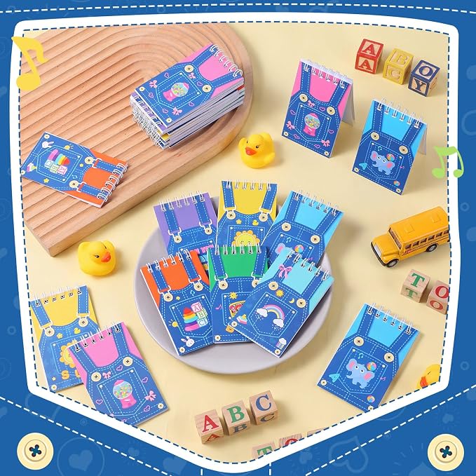 Faccito 24 Pcs Cartoon Girls Mini Notebook English Teacher Party Favors Cute Denim Overalls Small Notepads Pocket Spiral Journal for Birthday Party Supplies Classroom Rewards Gift, 2.4 x 3.9 Inch