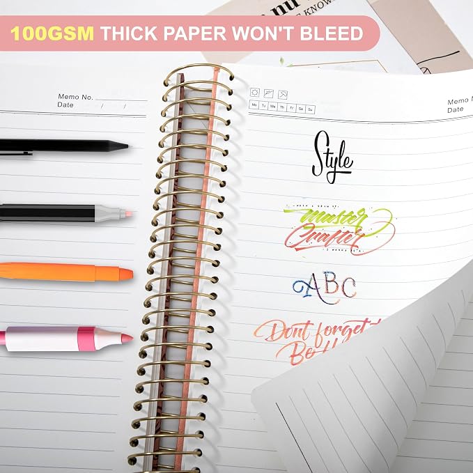 Spiral Notebook Wide Ruled Leather Journal for Women, 300 Pages, 7X10,Pink | Large Notebooks for School Office, Note Taking Notebooks for Writing Lined Notebook with Tabs Pockets Pen Holder